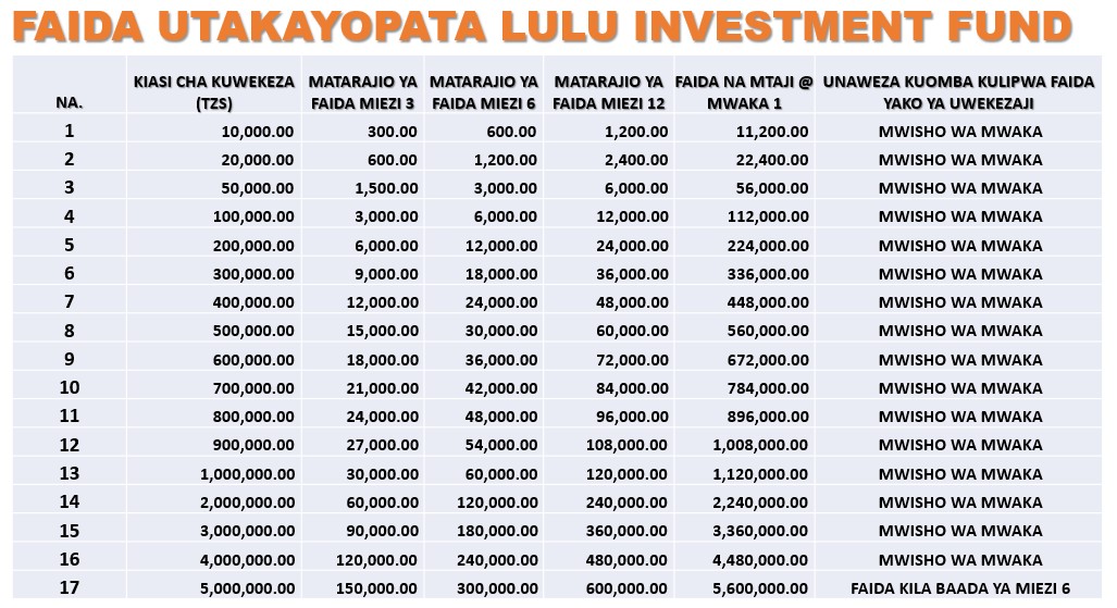 Faida za Kila Mwaka Kwa Mwekezaji wa Lulu Investment Fund